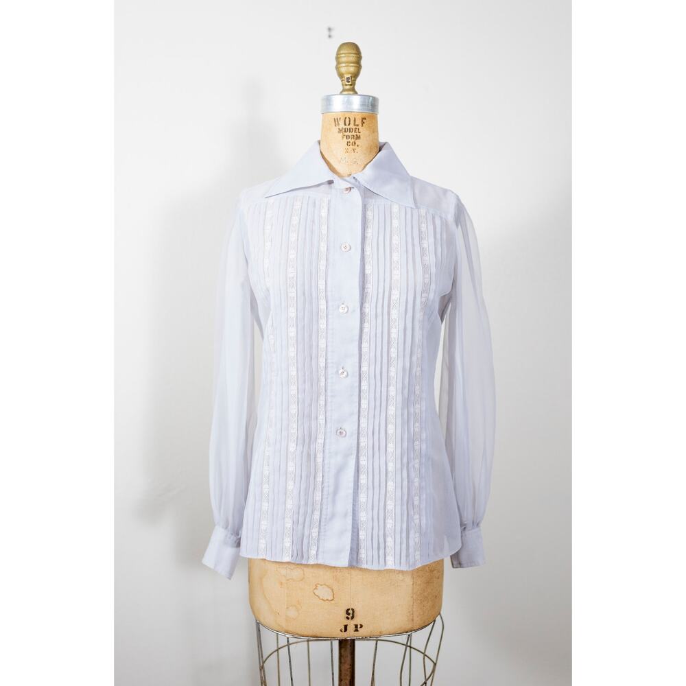 Vintage 70s Rizkallah - Malcolm Starr Blouse Gray Sheer Chiffon Balloon Sleeve S